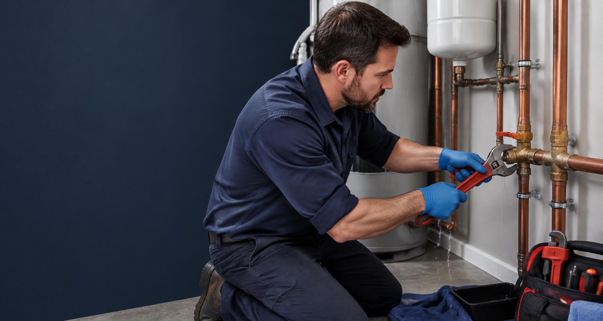Plumber working on a leaking copper pipe valve in a utility room