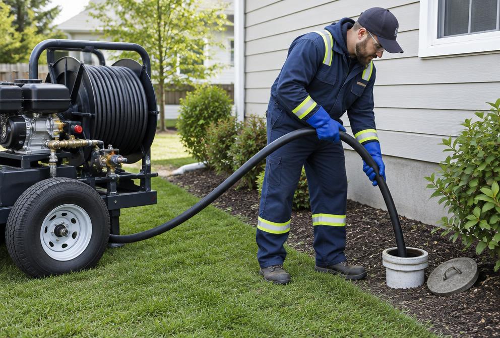 Worker managing a drain-cleaning hose at an exterior sewer cleanout beside a hose reel