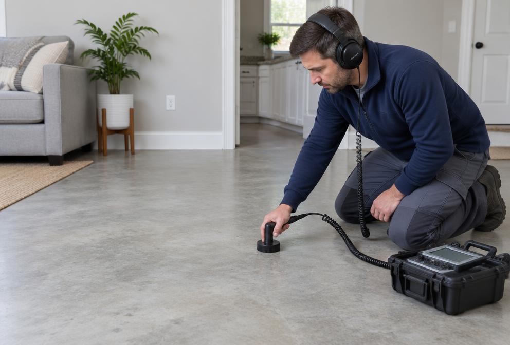 Worker using acoustic leak locating equipment on an intact concrete floor
